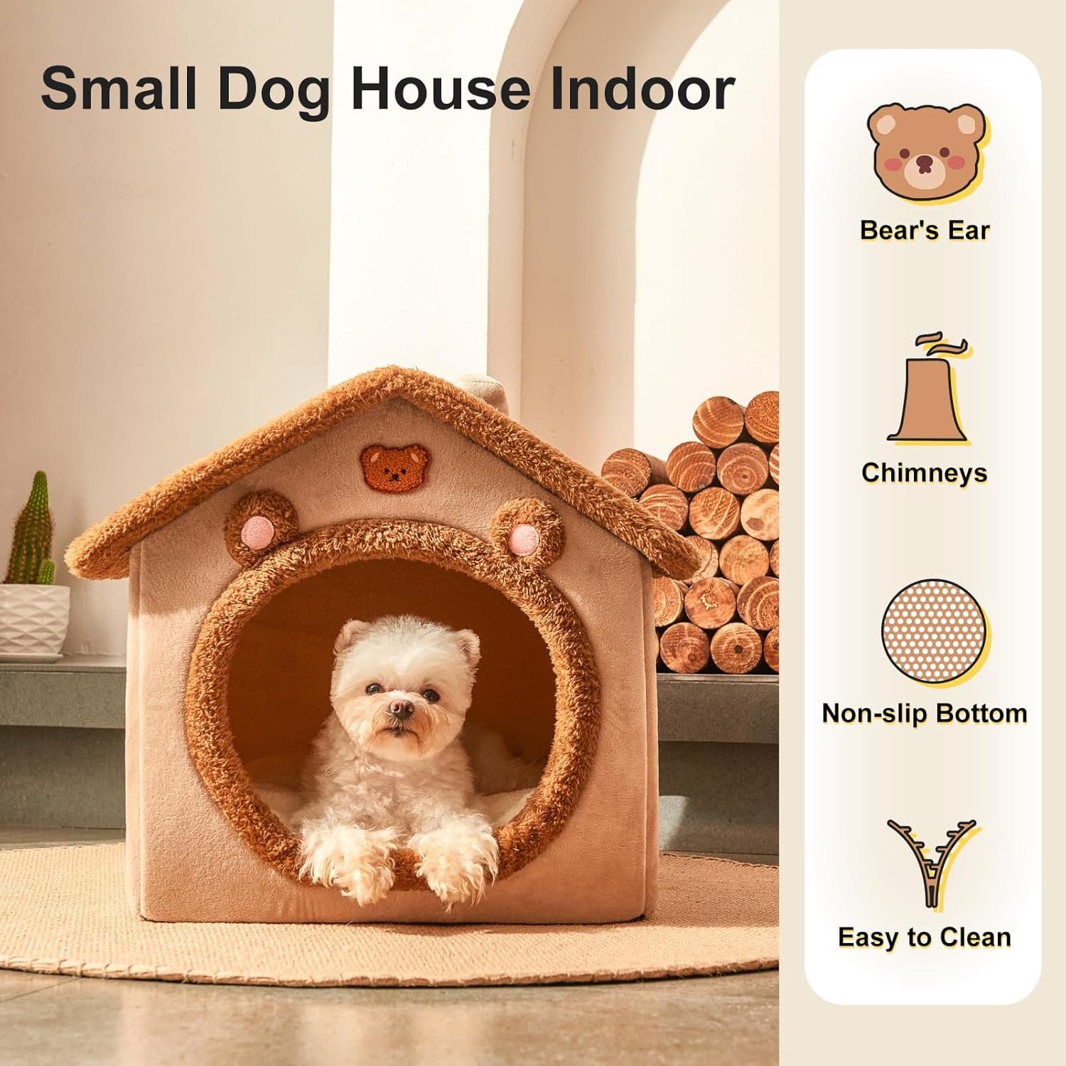 Jiupety Cute Small Dog House Indoor, Foldable Dog House Kennel Bed Mat with Cushion, L Size Dog Tent Up to 31 lbs Dog, Brown - Image 3