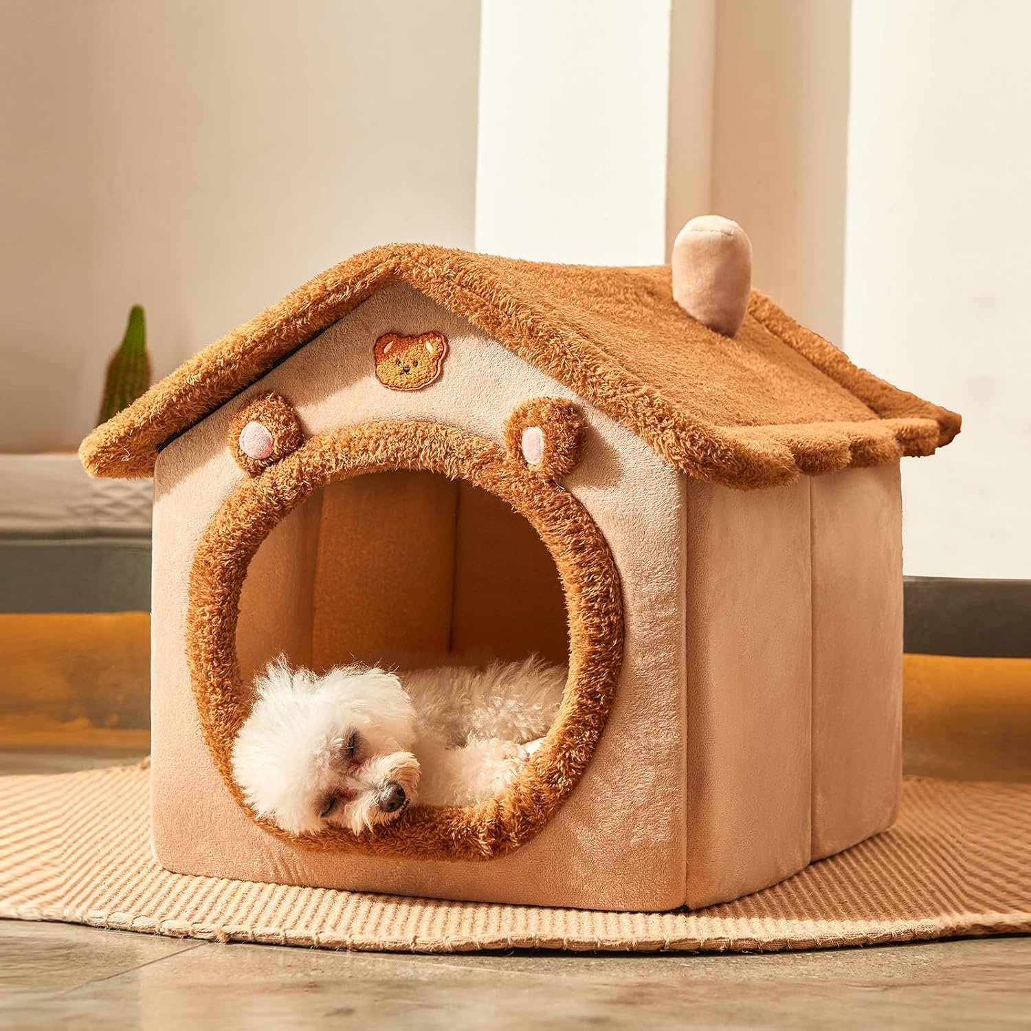 Jiupety Cute Small Dog House Indoor, Foldable Dog House Kennel Bed Mat with Cushion, L Size Dog Tent Up to 31 lbs Dog, Brown