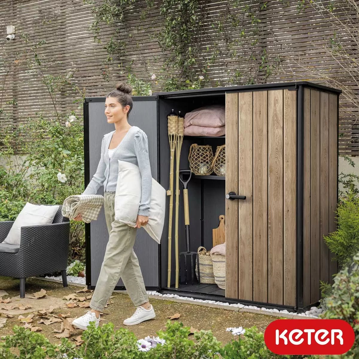 Keter 4.5′ x 2′ Ashwood Signature Alto Heavy Duty Vertical Plastic Garden Shed with Shelves – Woodlook - Image 2
