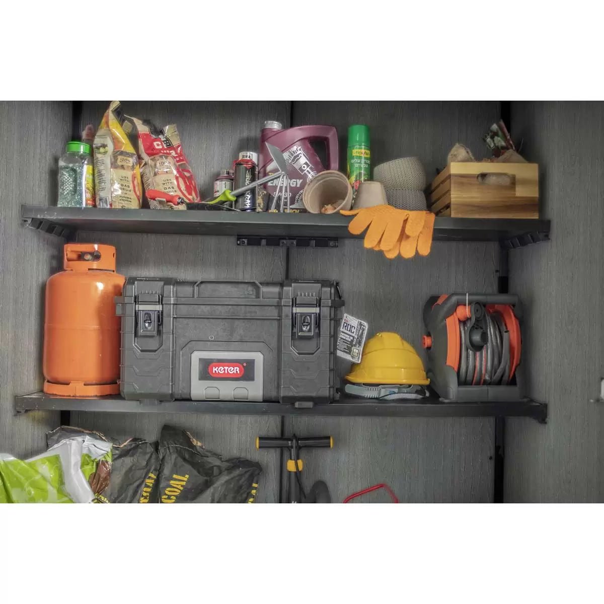 Keter 4.5′ x 2′ Ashwood Signature Alto Heavy Duty Vertical Plastic Garden Shed with Shelves – Woodlook - Image 5