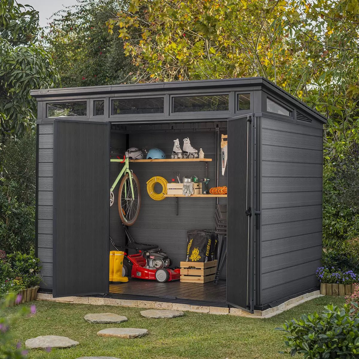 Keter 9’x 7′ Cortina Heavy Duty Plastic Pent Shed – Dark Grey - Image 2